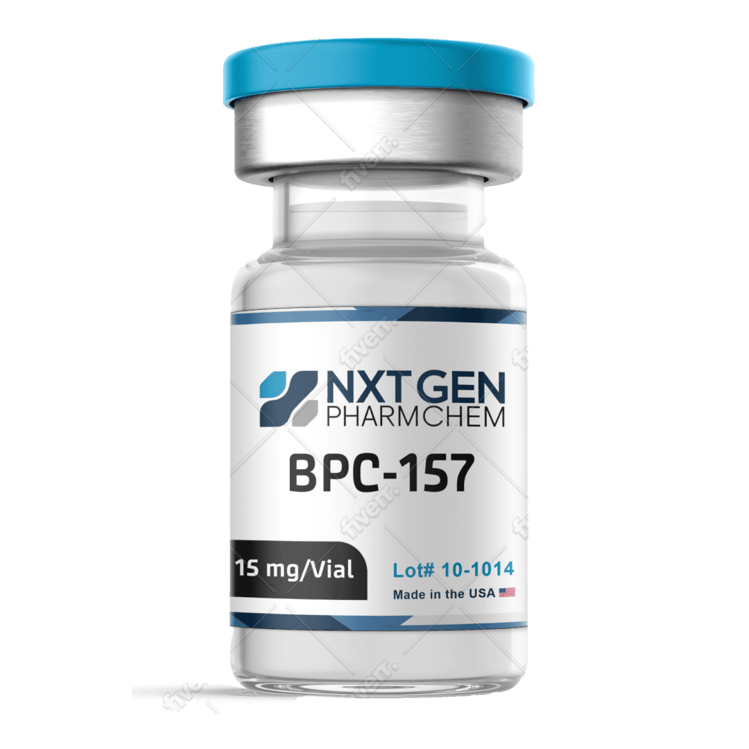 BPC-157 vial, 15 mg, blue cap.