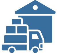 Truck with boxes near a warehouse icon.