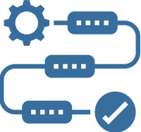 Flowchart with gears and checkmark icon.