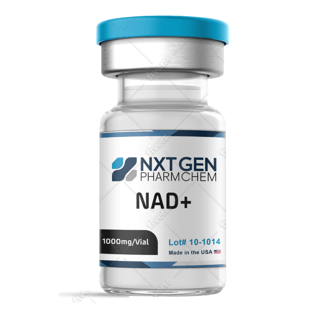 NAD+ supplement vial on black background.