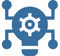 Lightbulb with gear and circuit lines icon.