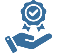 Hand holding badge with checkmark icon.