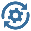 Blue gear with circular arrows icon.